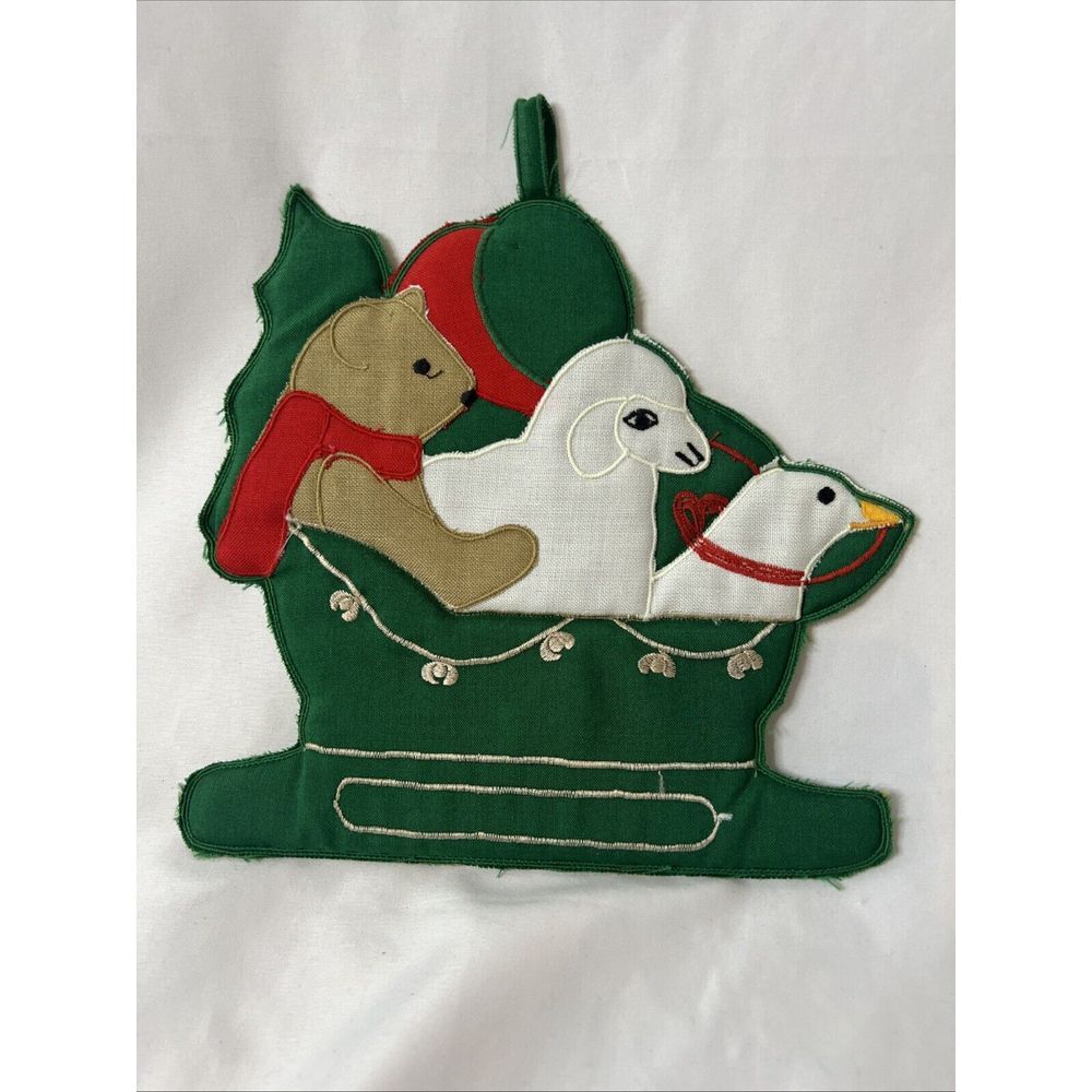 Vintage Christmas Kitchen Hot Pad Bear Sheep Swan‎ Duck Green Sleigh